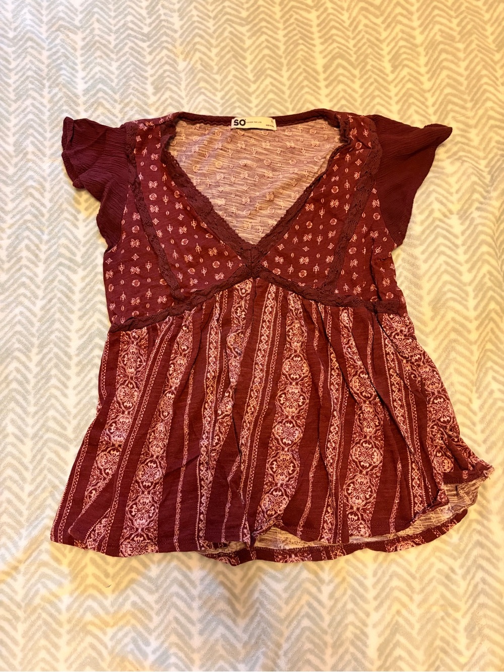 SO Burgundy Printed V-Neck Boho Tunic Top